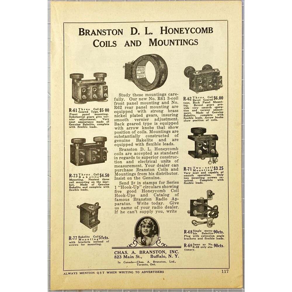 Chas. A. Branston "D.L. Honeycomb Coils & Mountings" Vintage Print Ad 1923
